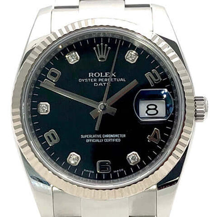 Rolex Perpetual Date 34 Uhr mit schwarzem Zifferblatt und Edelstahlarmband