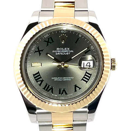 Rolex Datejust II Edelstahl Gelbgold Uhr mit grünem Zifferblatt und römischen Ziffern anzeigen.