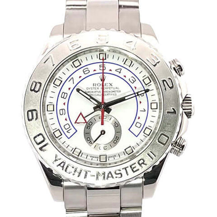 Rolex Yacht-Master II Herrenuhr in Edelstahl mit weißem Zifferblatt und blauem Sekundenzeiger. Luxusuhr online kaufen.