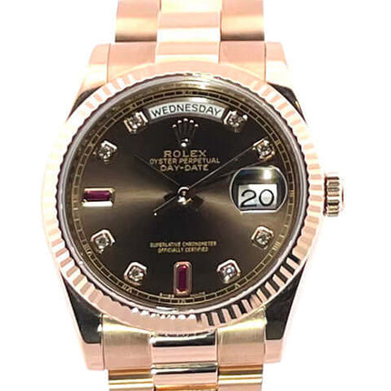 Rolex Day-Date 36 Everose-Gold Uhr mit braunem Zifferblatt und Diamantmarkierungen
