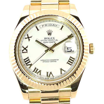 Rolex Day-Date II 18 kt Gelbgold Uhr mit weißem Zifferblatt und römischen Ziffern