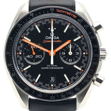 OMEGA Speedmaster Racing Uhr mit schwarzem Zifferblatt und schwarzem Lederarmband