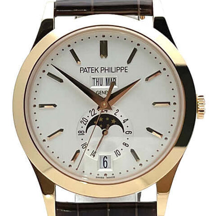 Patek Philippe Complications Uhr mit goldener Lünette und schwarzem Lederarmband