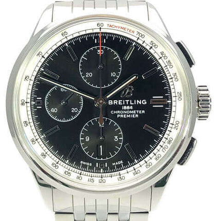 Breitling Premier Chronograph mit schwarzem Zifferblatt und Edelstahlarmband, verfügbar bei Uhren2000 zu Top-Preisen.