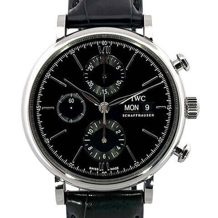 IWC Portofino Armbanduhr mit schwarzem Ziffernblatt und Lederarmband - gebraucht und neu kaufen, schnelle Lieferung, Inzahlungnahme möglich