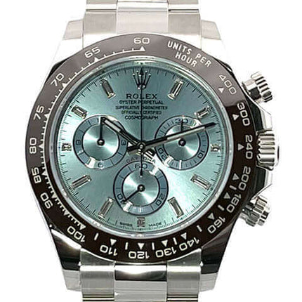 Rolex Daytona 950 Platin Uhr mit blauem Zifferblatt und Chronographenzifferblättern. Luxusuhr aus der Daytona Platin Kollektion.