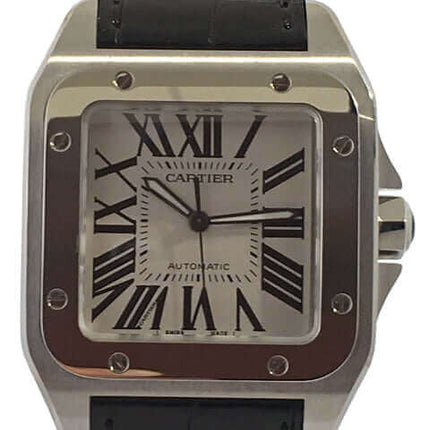 Cartier Santos 100 Armbanduhr mit schwarzem Lederarmband und silbernem Gehäuse