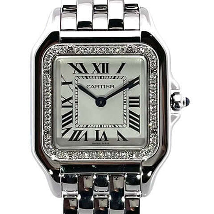 Cartier Panthère de Cartier Armbanduhr in Silber mit römischen Ziffern und Diamantumrandung. Luxuriöse Uhr für Damen und Herren.