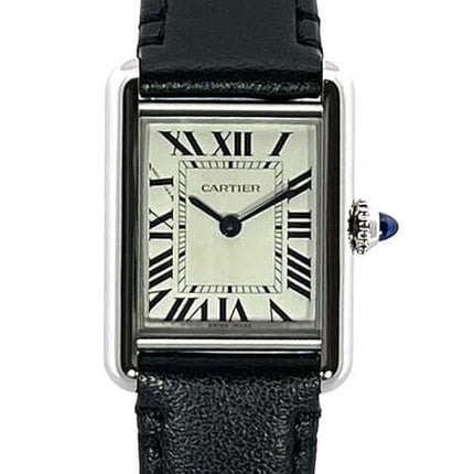 Cartier Tank Must Armbanduhr mit schwarzem Lederarmband und römischen Ziffern, jetzt neu kaufen online.