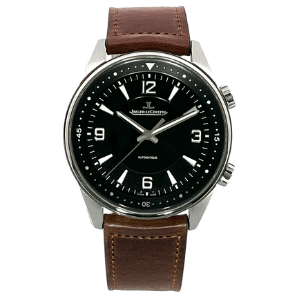 Jaeger-LeCoultre Herrenuhr mit braunem Lederarmband und schwarzem Zifferblatt