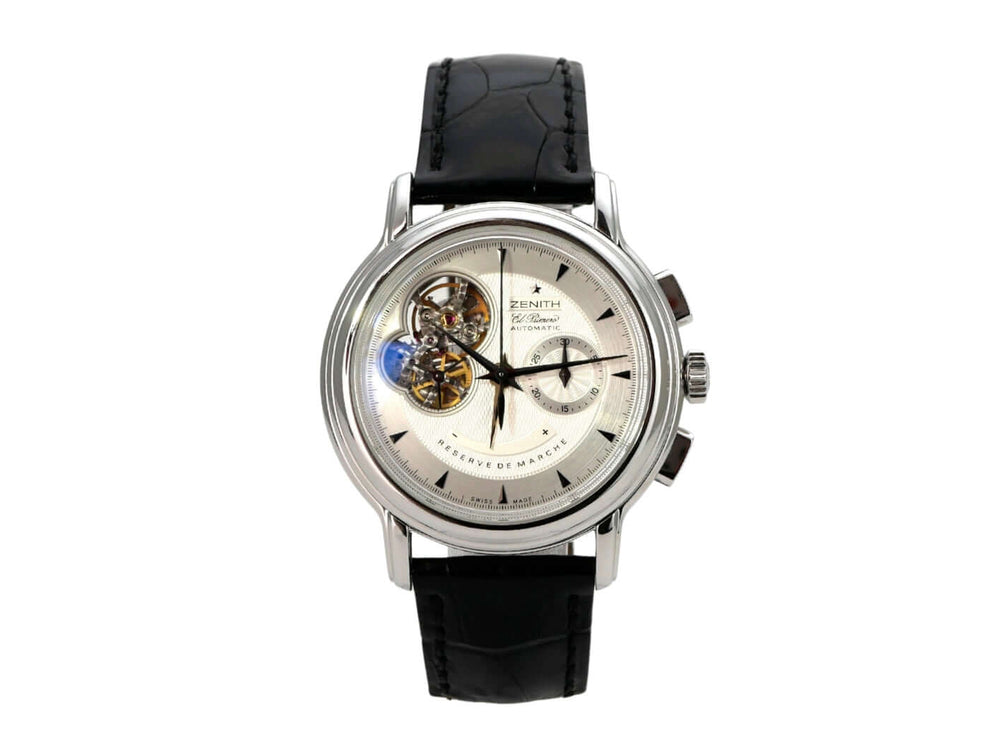 Zenith Chronomaster El Primero Open 03.0240.4021/01.C495 Uhr mit Edelstahlgehäuse, schwarzem Lederband und offenem Zifferblatt