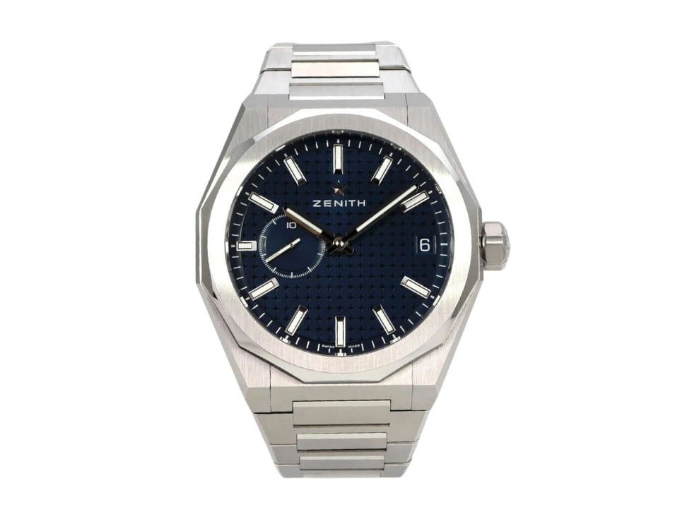 Zenith Defy Skyline 03.9300.3620/51.I001 Edelstahl Uhr mit blauem Zifferblatt und Automatikwerk.
