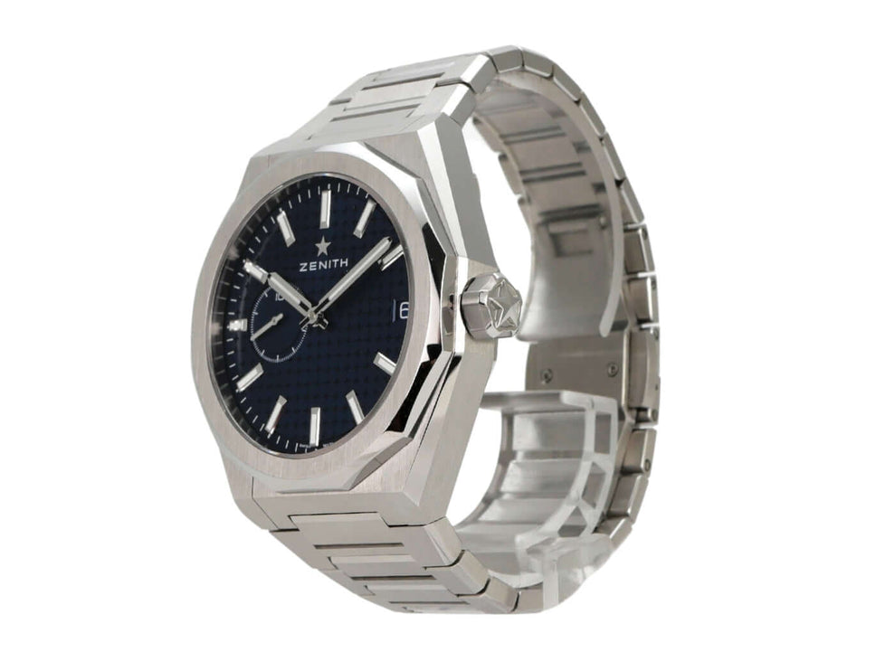 Zenith Defy Skyline 03.9300.3620/51.I001 automatische Uhr mit Edelstahlband und blauem Zifferblatt.