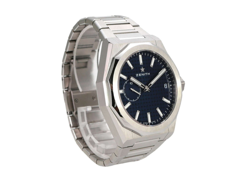 Zenith Defy Skyline 03.9300.3620/51.I001 Edelstahl Armbanduhr mit blauem Zifferblatt und Automatikwerk.