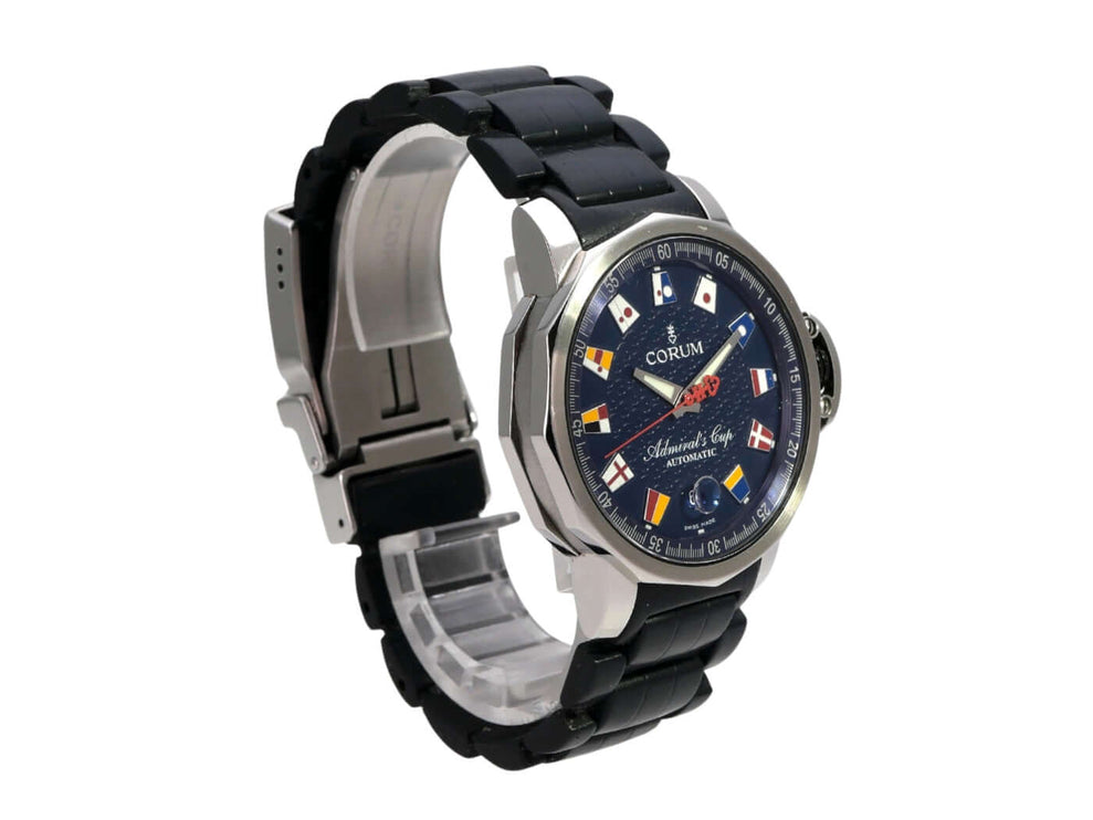 Corum Admiral's Cup Trophy 41 082.833.20 Uhr mit blauem Zifferblatt und Kautschukband.