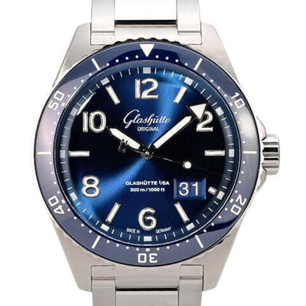 Glashütte SeaQ Panoramadatum 1-36-13-02-81-70 mit blauem Zifferblatt und Edelstahlband