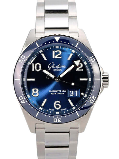 Glashütte SeaQ Panoramadatum 1-36-13-02-81-70 mit blauem Zifferblatt und Edelstahlband