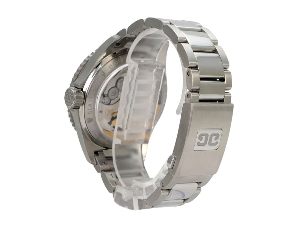 Glashütte SeaQ Panoramadatum 1-36-13-02-81-70 Uhr mit Edelstahlband und Sicht auf das Uhrwerk.