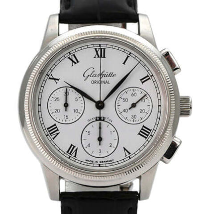 Glashütte Original Senator Chronograph 1-39-31-05-03-04 mit schwarzem Lederarmband und silberfarbenem Zifferblatt