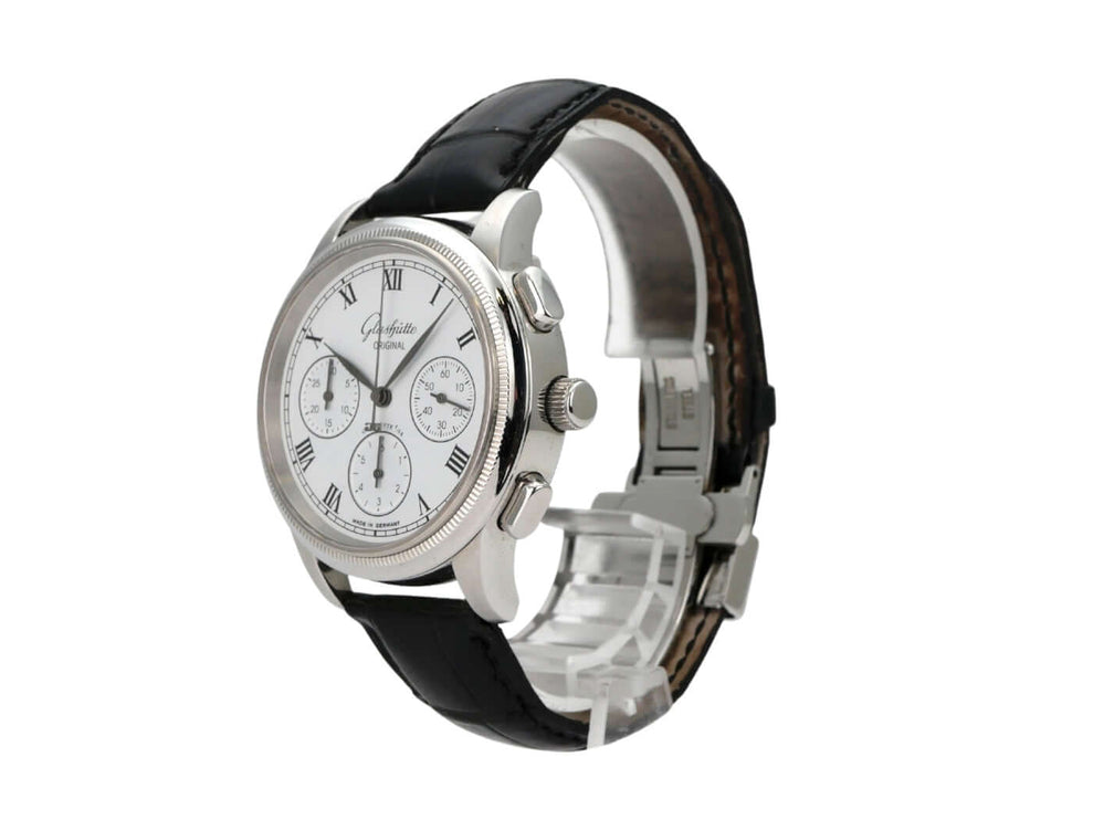 Glashütte Original Senator Chronograph 1-39-31-05-03-04 mit schwarzem Lederarmband und silberfarbenem Zifferblatt