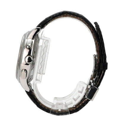 Glashütte Original Senator Chronograph 1-39-31-05-03-04 seitliche Ansicht mit schwarzem Lederarmband und Edelstahlgehäuse