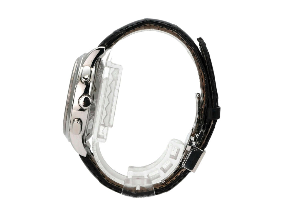 Glashütte Original Senator Chronograph 1-39-31-05-03-04 seitliche Ansicht mit schwarzem Lederarmband und Edelstahlgehäuse