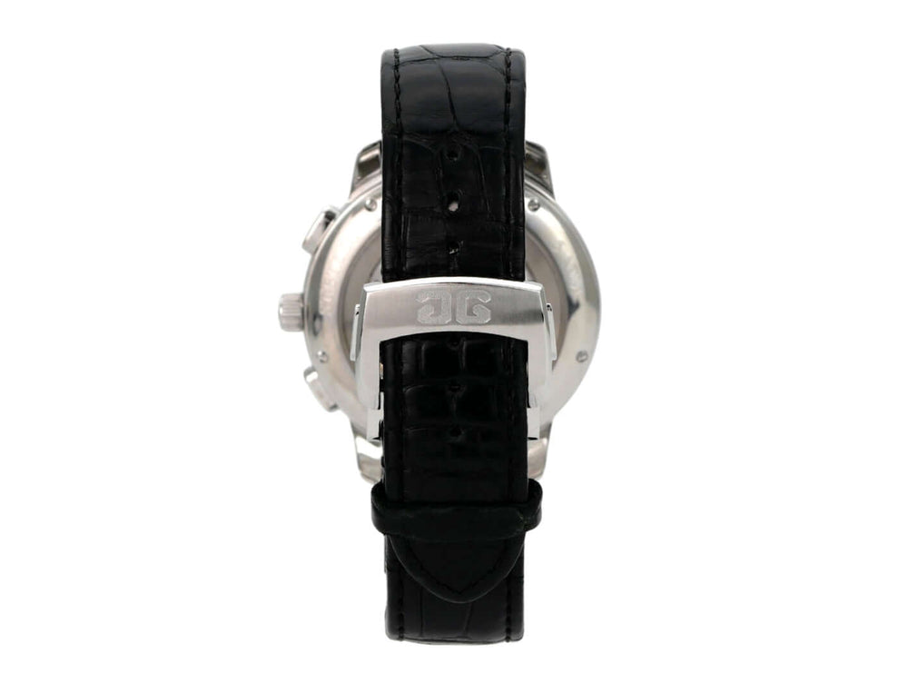 Glashütte Original Senator Chronograph XL 1-39-34-21-42-04 Rückansicht mit schwarzem Lederband und Edelstahlgehäuse