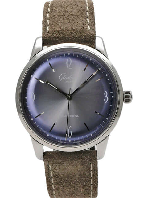 Glashütte Original Senator Sixties Uhr mit braunem Lederarmband und blauem Zifferblatt, Gehäusedurchmesser 39 mm.
