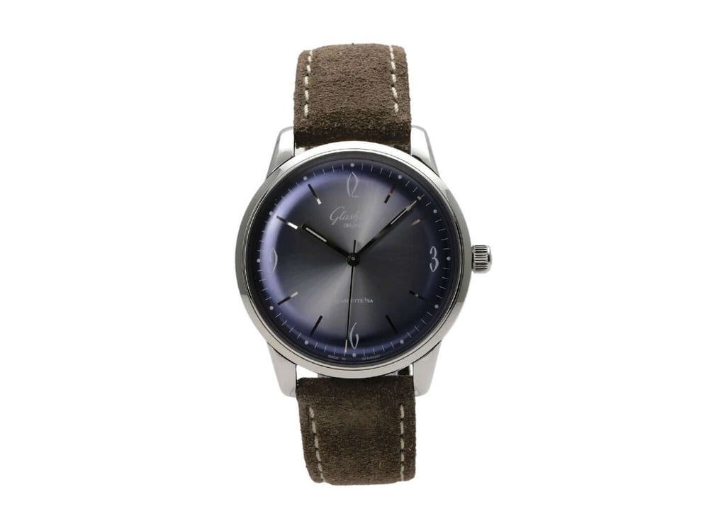 Glashütte Original Senator Sixties Jahresedition Uhr mit blauem Zifferblatt und braunem Lederarmband