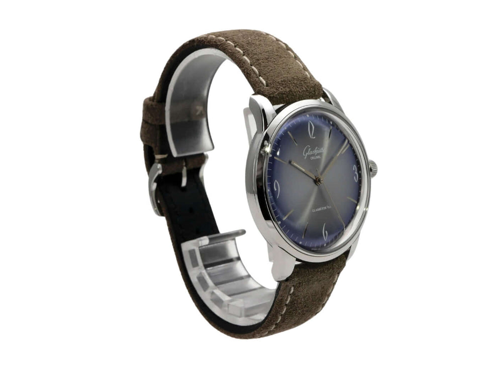 Glashütte Original Senator Sixties Jahresedition 1-39-52-14-02-04 Uhr mit blauem Zifferblatt und braunem Armband