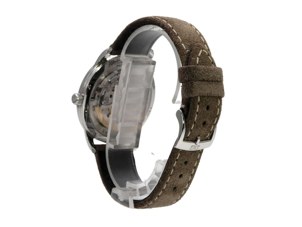 Seitenansicht der Glashütte Original Senator Sixties Jahresedition mit braunem Lederarmband und Edelstahlgehäuse.