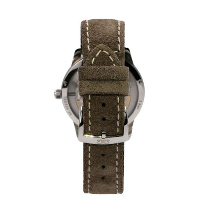 Glashütte Original Senator Sixties Jahresedition mit braunem Lederarmband und Dornschließe, Rückansicht der Uhr.