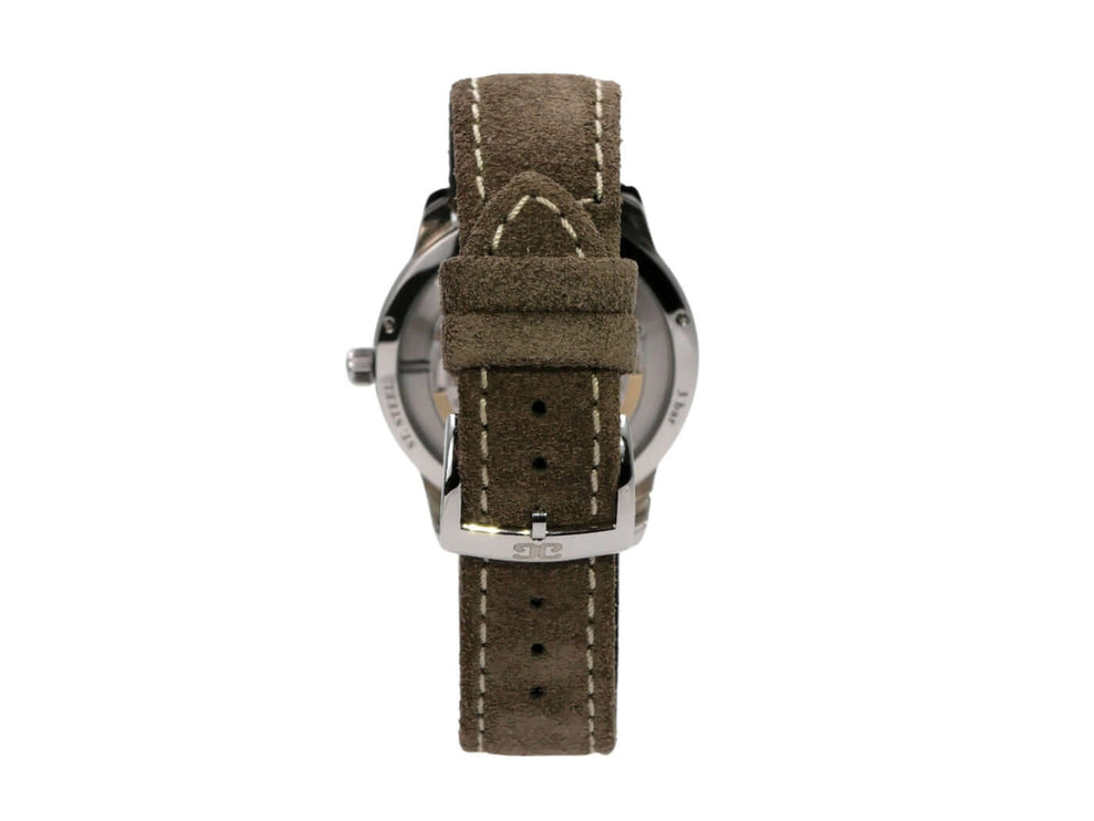 Glashütte Original Senator Sixties Jahresedition mit braunem Lederarmband und Dornschließe, Rückansicht der Uhr.