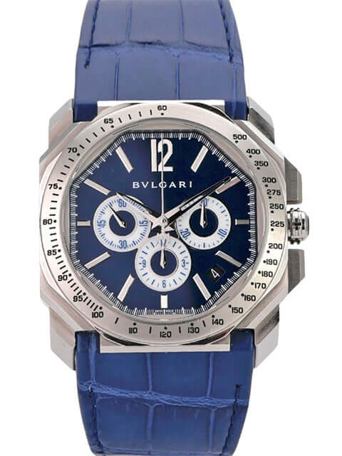 Bvlgari Octo Velocissimo Chronograph Maserati 102229 mit blauem Lederband und chronographischen Funktionen.