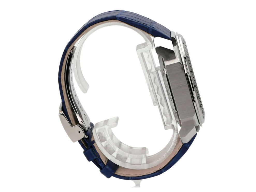 Bvlgari Octo Velocissimo Chronograph Maserati 102229 Ansicht der Seite mit blauem Lederband und Edelstahlgehäuse.