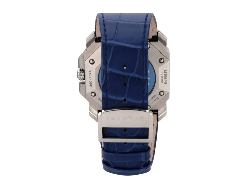 Bvlgari Octo Velocissimo Chronograph Maserati 102229 Rückansicht mit blauem Lederband und Edelstahl-Gehäuse