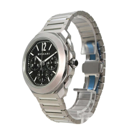 Bvlgari Octo Roma Chronograph Steel 103471 Uhr mit schwarzem Zifferblatt und Edelstahlarmband.