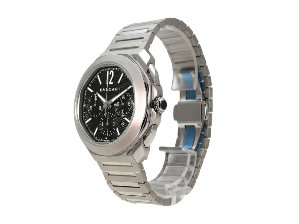 Bvlgari Octo Roma Chronograph Steel 103471 Uhr mit schwarzem Zifferblatt und Edelstahlarmband.