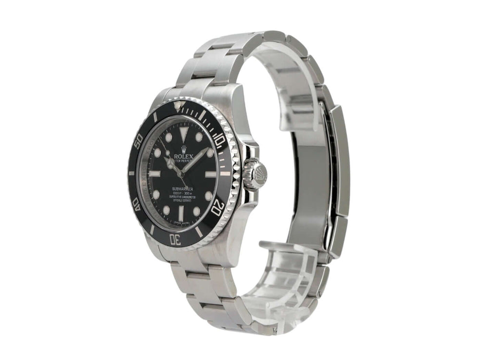 Rolex Submariner No Date 114060 mit Edelstahlgehäuse und schwarzem Zifferblatt, seitliche Ansicht.
