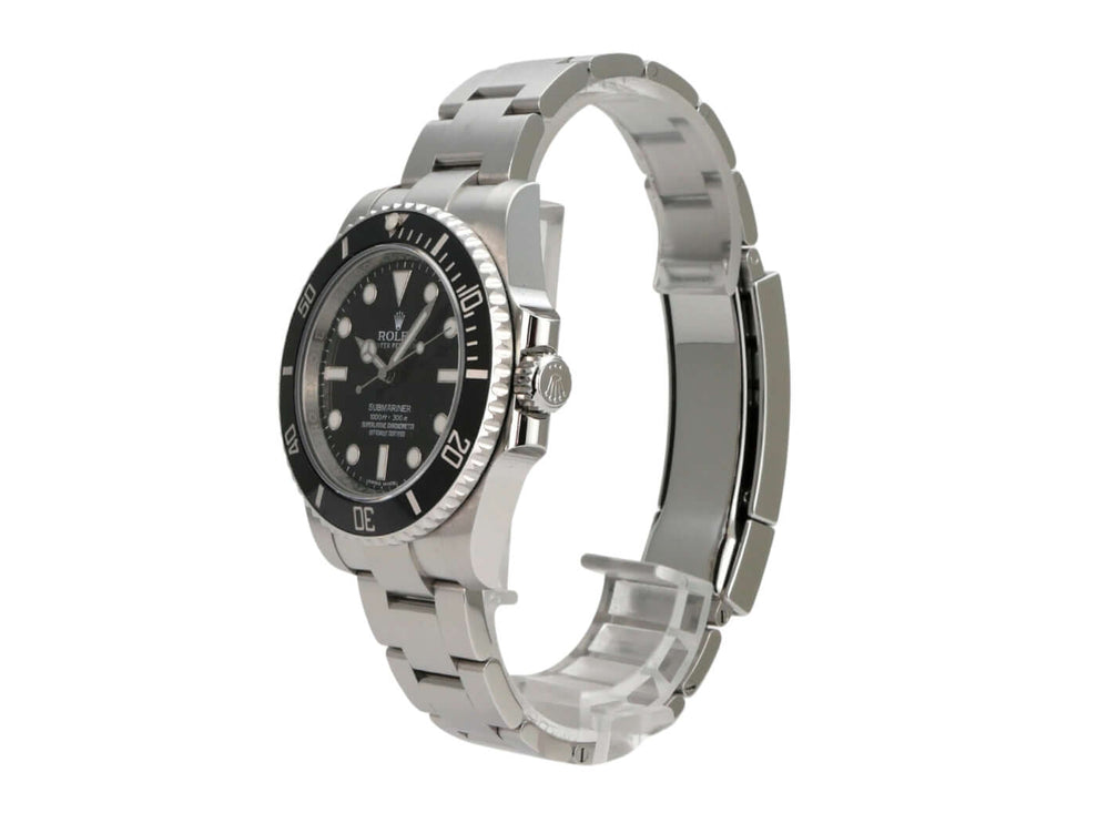 Rolex Submariner No Date 114060 seitliche Ansicht, polierter Edelstahl, schwarzes Zifferblatt, drehbare Lünette.