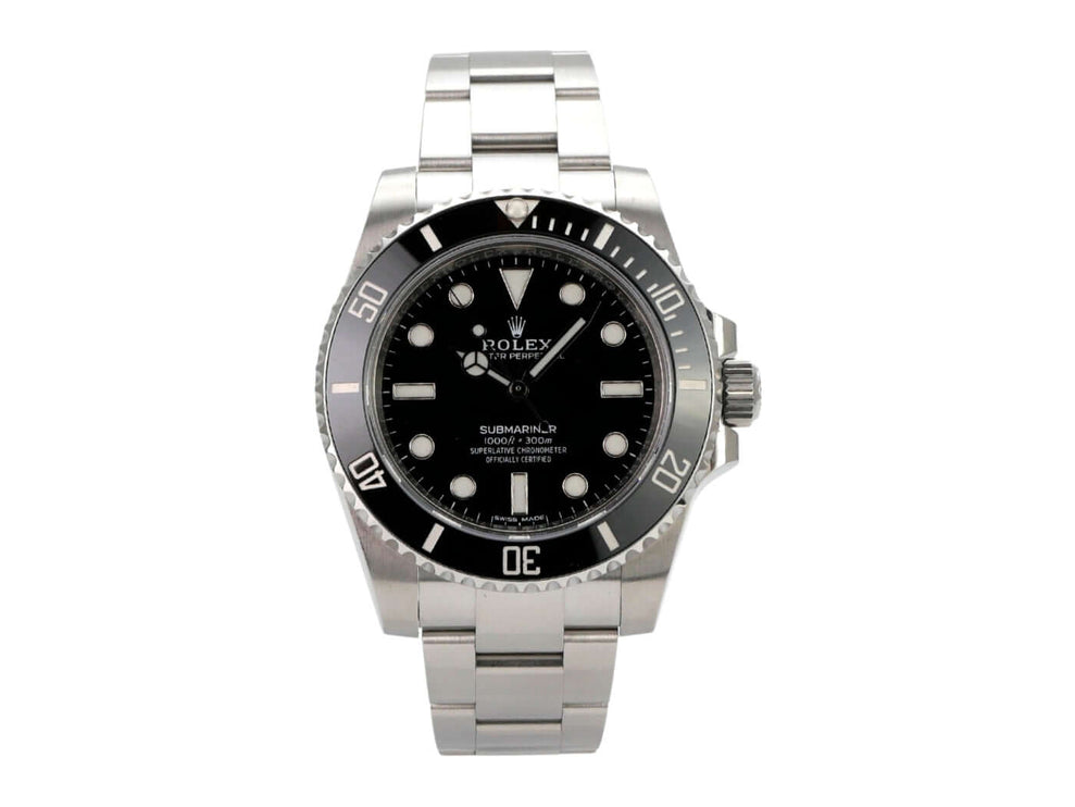 Rolex Submariner No Date 114060 mit schwarzem Zifferblatt und Edelstahlband, poliertes und satinierte Gehäuse.