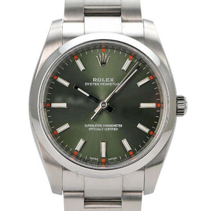 Rolex Oyster Perpetual 34 mm 114200 Olive mit grünem Zifferblatt und Edelstahlarmband