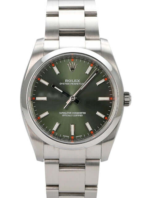 Rolex Oyster Perpetual 34 mm 114200 Olive mit grünem Zifferblatt und Edelstahlarmband