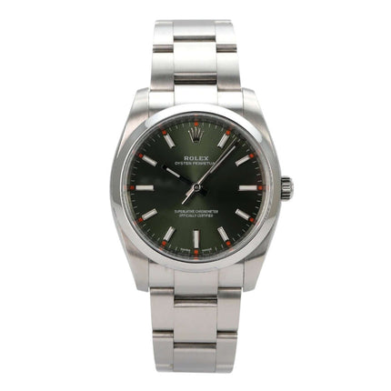 Rolex Oyster Perpetual 34 mm 114200 Olive Uhr mit grünem Zifferblatt und Edelstahlarmband.