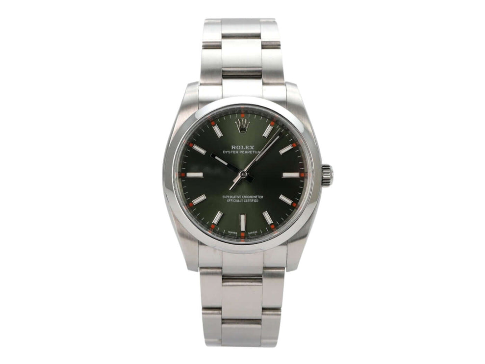 Rolex Oyster Perpetual 34 mm 114200 Olive Uhr mit grünem Zifferblatt und Edelstahlarmband.