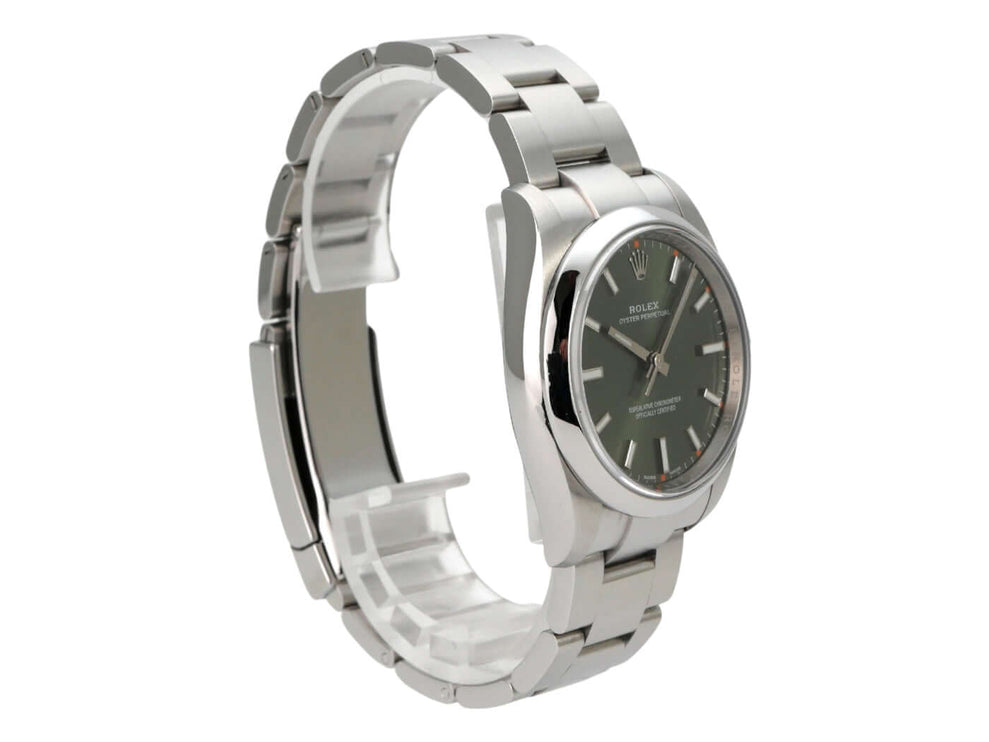 Rolex Oyster Perpetual 34 mm 114200 Olive, Edelstahlarmband, olivgrünes Zifferblatt, polierte und satinierte Oberflächen.