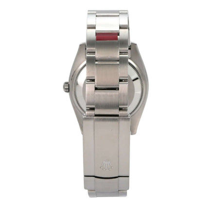 Rolex Oyster Perpetual 34 mm 114200 Olive Ansicht der Rückseite mit poliertem Edelstahlarmband und Faltschließe.