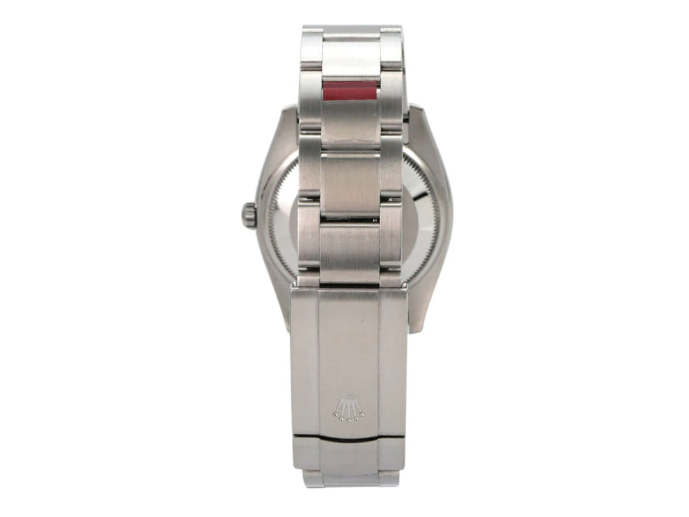 Rolex Oyster Perpetual 34 mm 114200 Olive Ansicht der Rückseite mit poliertem Edelstahlarmband und Faltschließe.