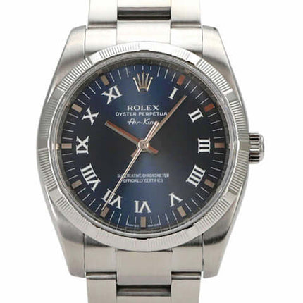 Rolex Oyster Perpetual 34 Blau Römisch 114210 mit blauem Zifferblatt und römischen Ziffern aus Edelstahl, sehr guter Zustand.