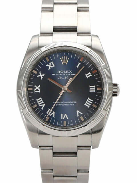 Rolex Oyster Perpetual 34 Blau Römisch 114210 mit blauem Zifferblatt und römischen Ziffern aus Edelstahl, sehr guter Zustand.